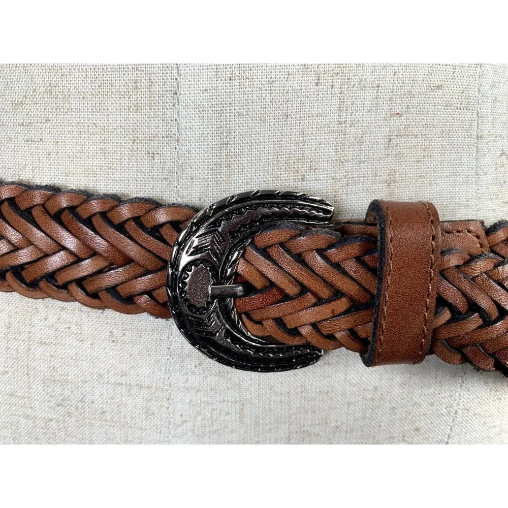 Vintage Womens Braided Belt Leather Brown Medium Solid Silver Tone Buckle Nice‎